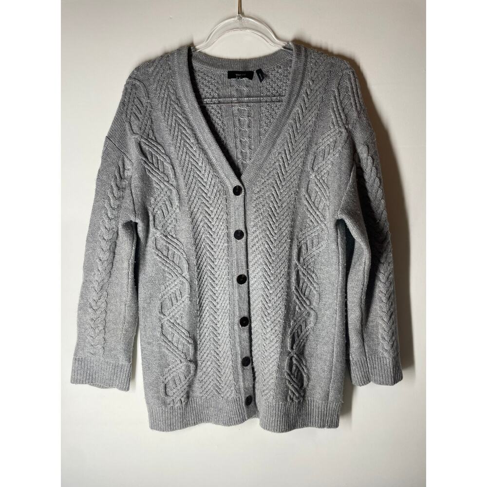 Theory Wool Cashmere Cable Knit Button Cardigan Sweater Gray Thick Size Small